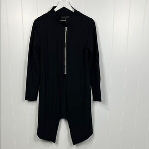 Lurdes Bergada Cardi L Black Mock Neck Long Lines w/Front Zip Hanky Hem Pockets